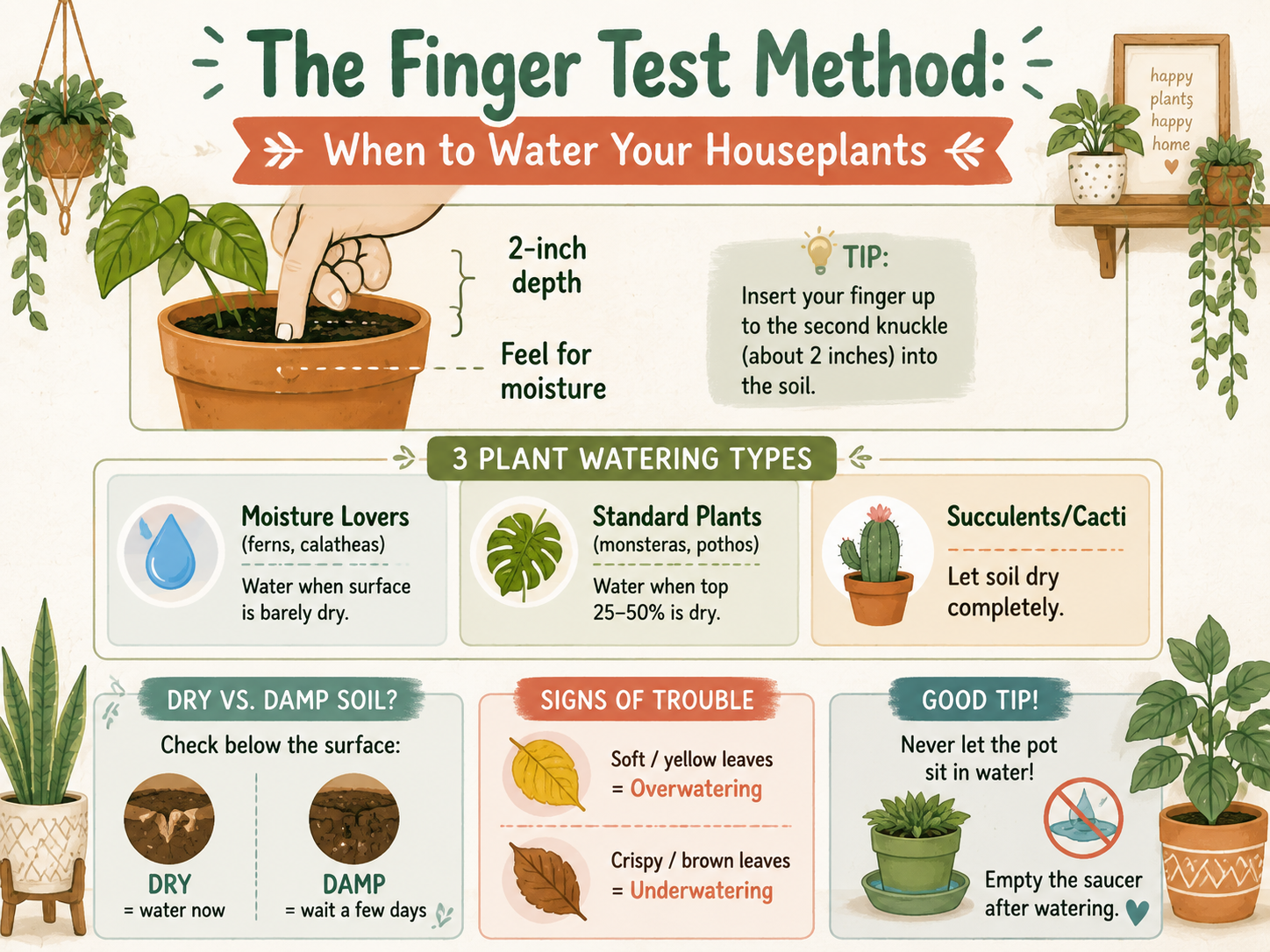 Infographic explaining the finger test method for watering houseplants. Shows the 2-inch depth rule, three plant categories with watering needs (moisture lovers, standard, succulents), signs of overwatering and underwatering, and a tip about draining excess water.