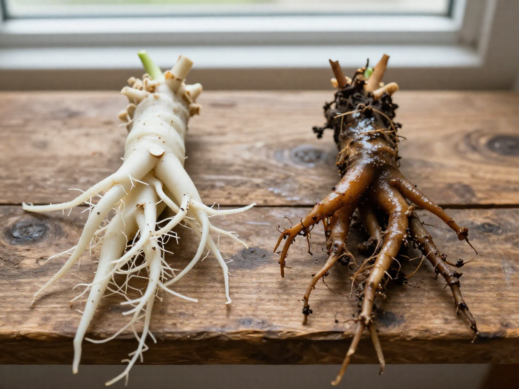 Comparison of healthy white plant roots next to brown, rotted roots on a wood surface.