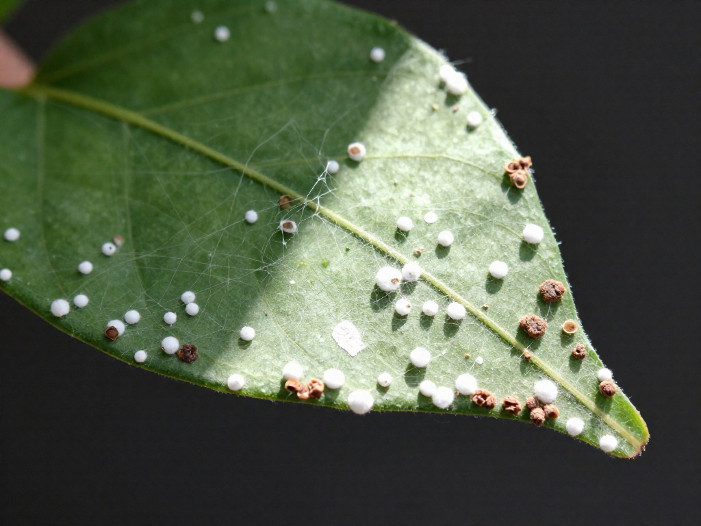 Underside of a green leaf with visible spider mite webbing, white mealybugs, and brown scale insects.