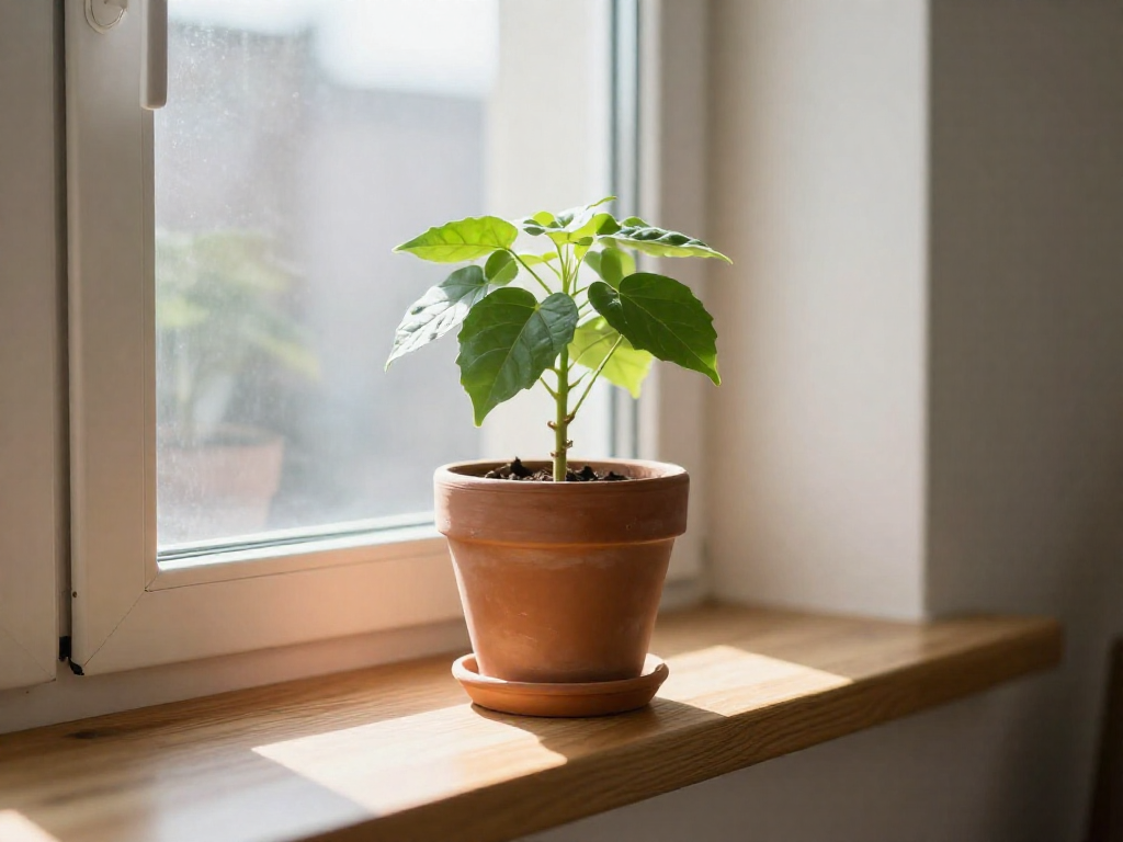 Single potted houseplant on a sunny windowsill, isolated away from other plants.