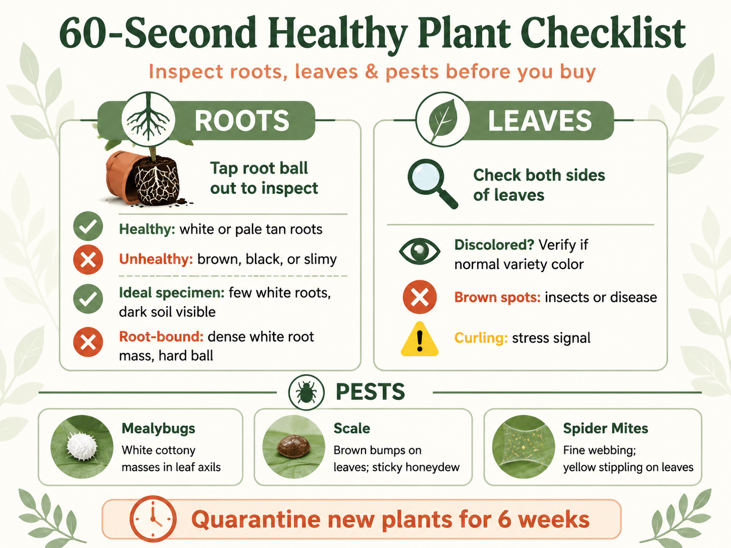 Infographic titled '60-Second Healthy Plant Checklist' showing key inspection points: healthy roots are white or tan, unhealthy are brown/black/slimy; ideal root ball has few white roots and dark soil, root-bound is a dense white mass. Leaf inspection includes checking both sides for discoloration, brown spots, and curling. Common pests are mealybugs (white cottony masses), scale (brown bumps with honeydew), and spider mites (fine webbing). Bottom reminder to quarantine new plants for 6 weeks.
