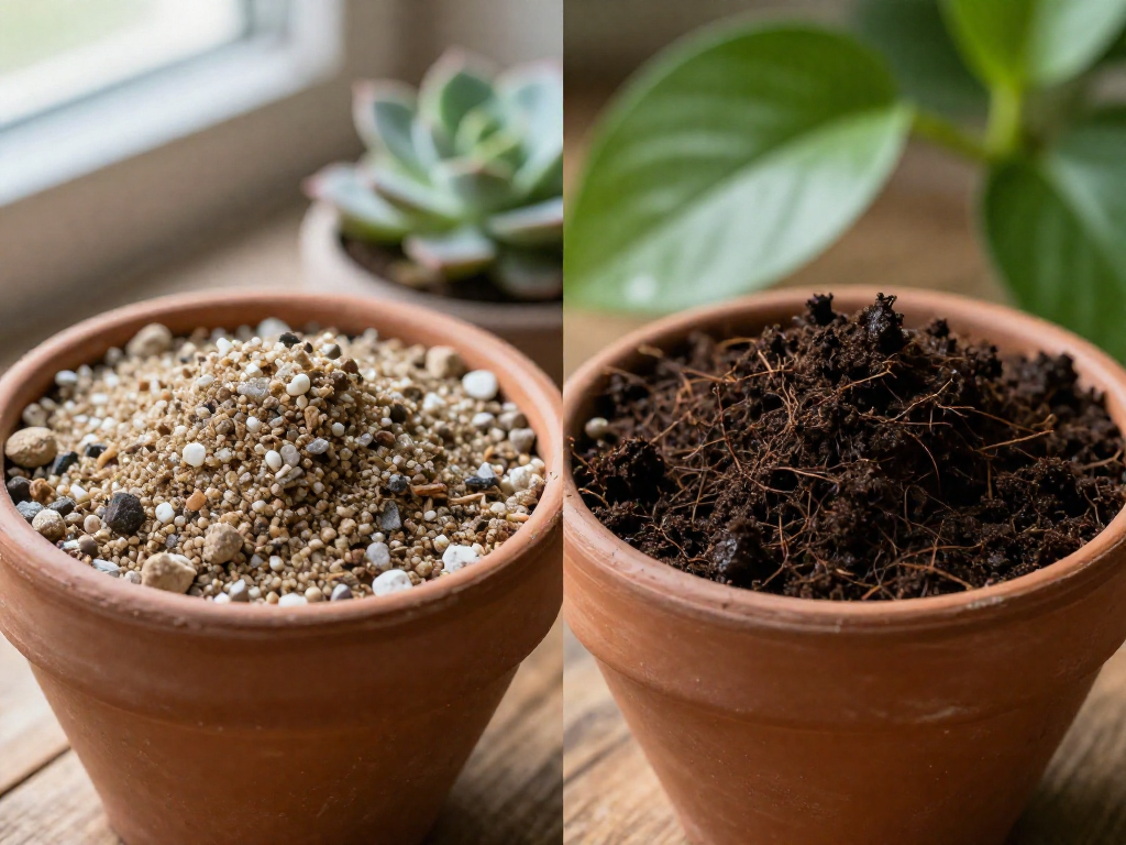 Two terracotta bowls side by side: one filled with a gritty succulent soil mix containing white perlite and small stones, the other with dark, fluffy potting soil, set on a wooden table with plant leaves nearby.