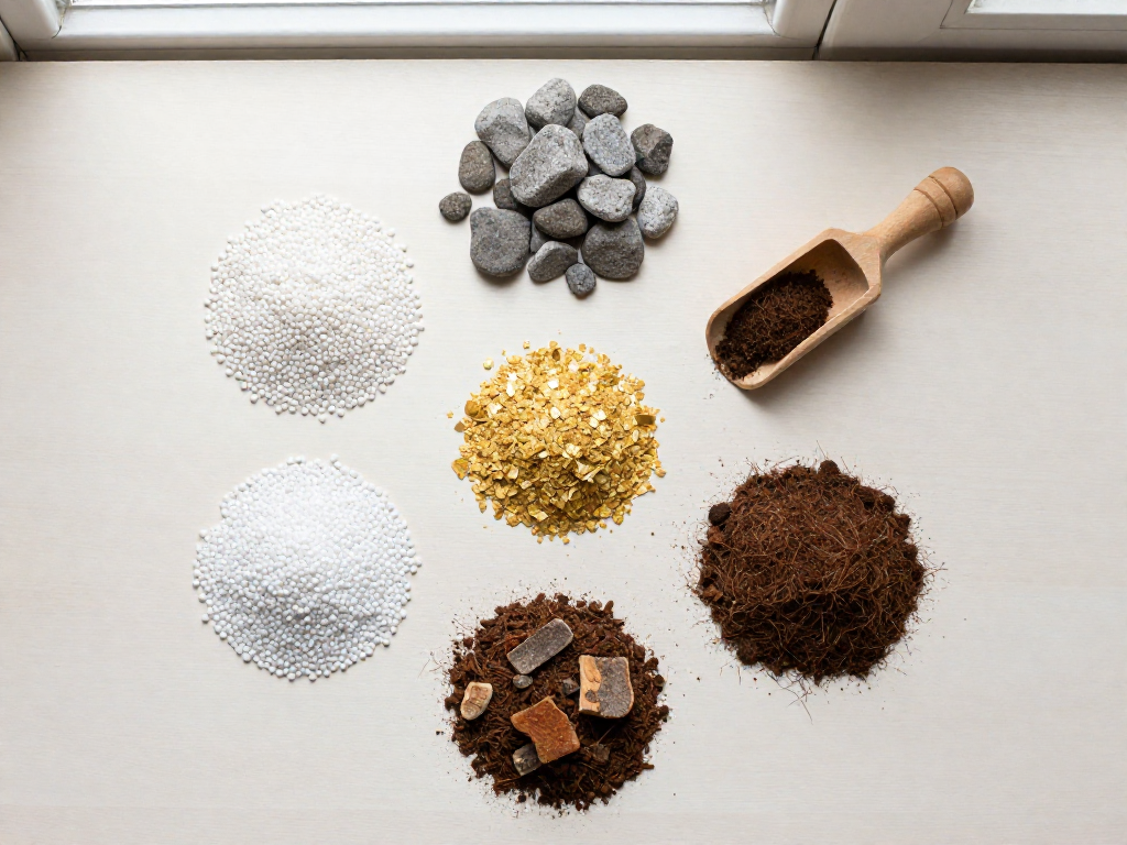Top-down view of five piles of soil amendments on a wooden surface: white perlite, gray pumice, golden vermiculite, brown coco coir, and dark orchid bark, with a wooden scoop.