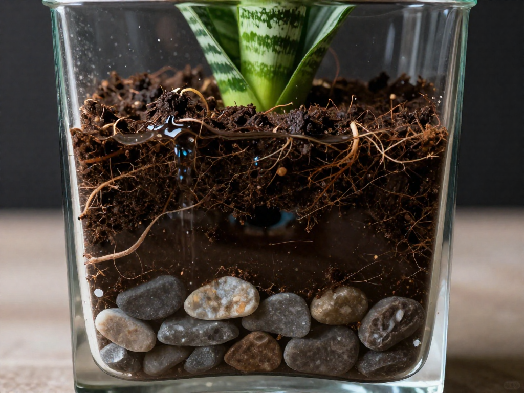 Cross-section of a clear planter showing a layer of pebbles at the bottom, damp potting soil above, and a snake plant; the soil near the pebbles is darker, indicating retained water.