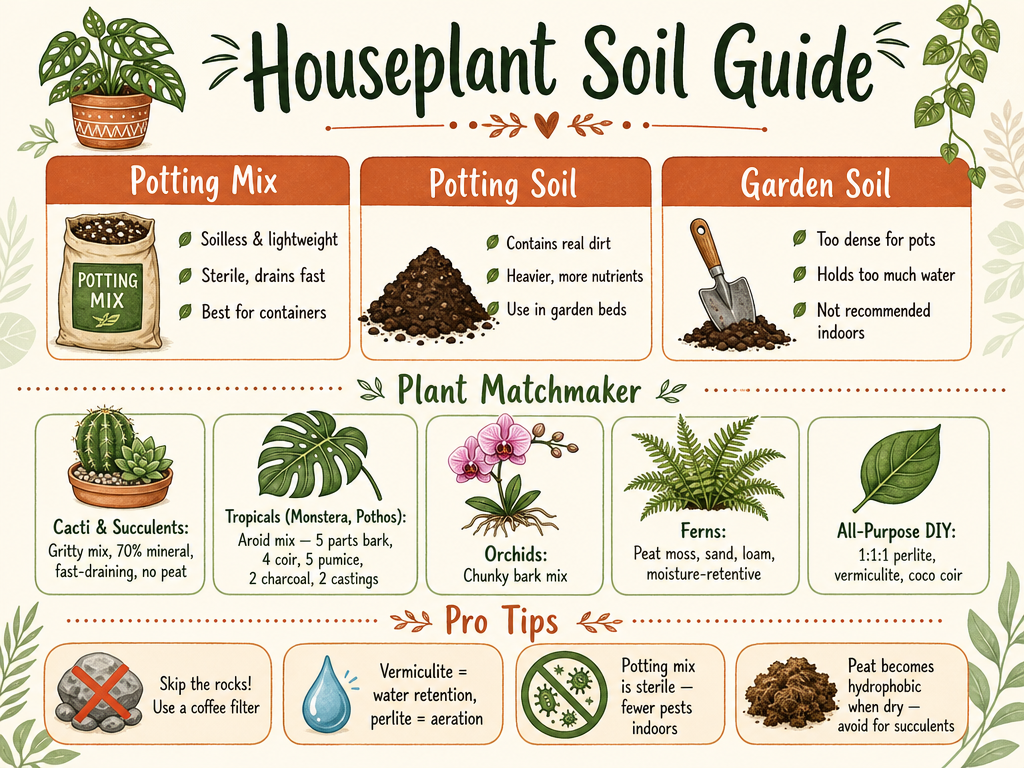 Infographic summarizing houseplant soil choices: comparison of potting mix, potting soil, and garden soil; plant-to-soil matching guide for succulents, tropicals, orchids, and ferns with DIY mix ratios; and key tips about drainage myths, amendments, sterility, and peat hydrophobicity.