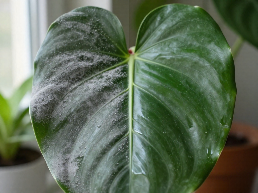Close-up comparing one side of a dusty green leaf with a clean, glossy side.