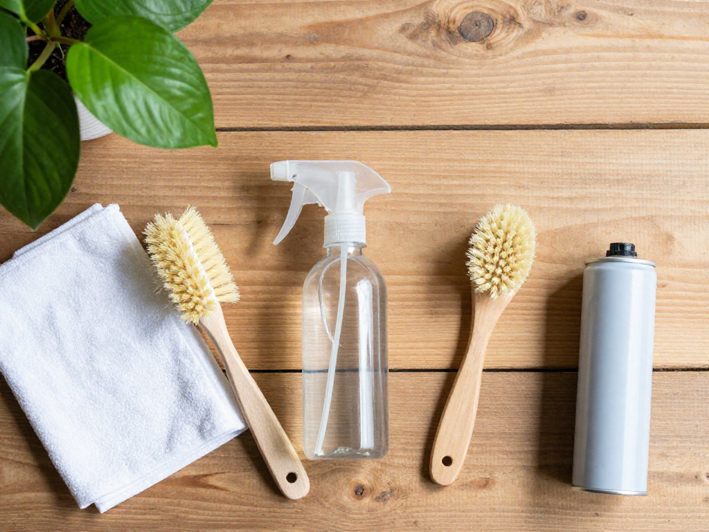 Overhead view of houseplant leaf cleaning supplies including a microfiber cloth, spray bottle, soft brush, and compressed air on a wooden surface.