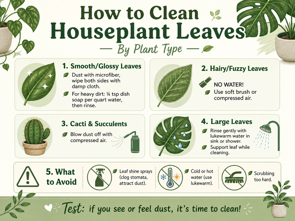 Infographic cheatsheet on how to clean houseplant leaves by type: smooth leaves need damp cloth, fuzzy leaves need dry brush, cacti need compressed air, large leaves need shower rinse; warns against leaf shine sprays and improper water temperature; includes a finger-swipe test reminder.