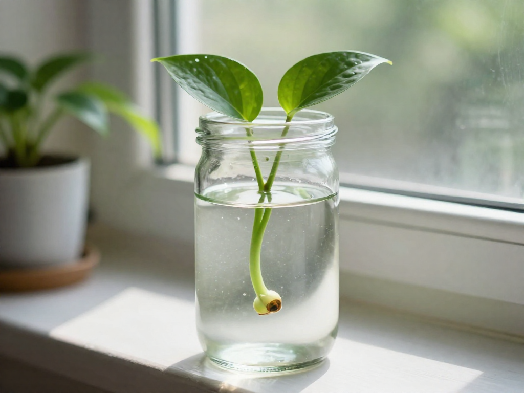 A pothos cutting in a glass jar of water on a windowsill, with leaves above and node submerged.