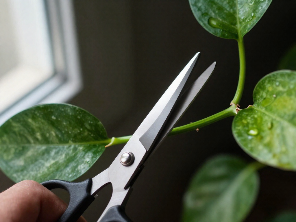 A hand using scissors to cut a pothos vine at an angle below a node.