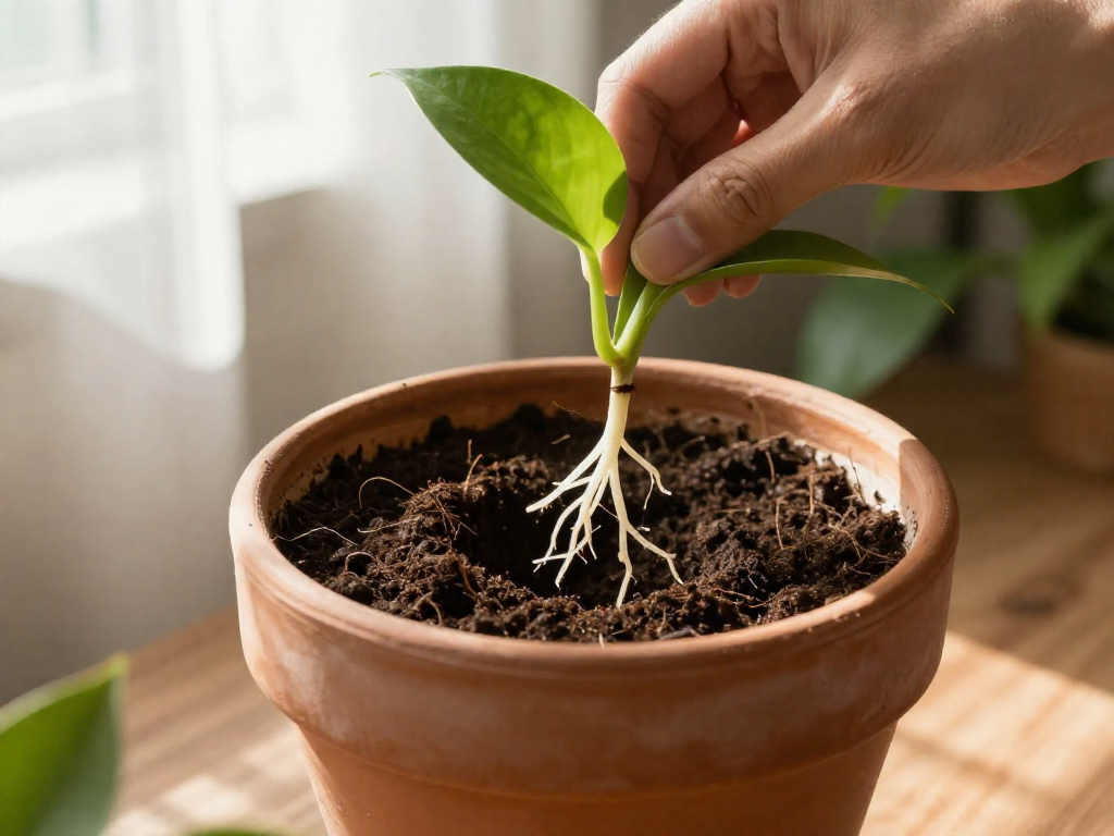 A pothos cutting with long roots being placed into a pot of soil by a person's hands.