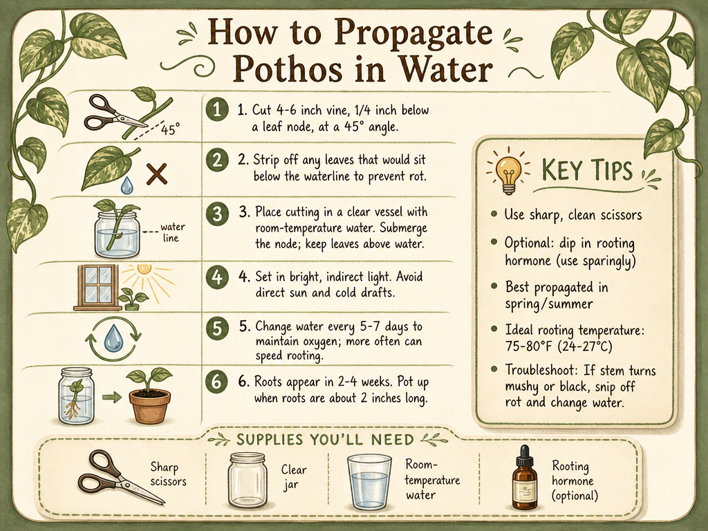 Infographic showing six steps for water propagating pothos: cut below a node at a 45-degree angle, remove lower leaves, place in clear jar with room-temperature water, give bright indirect light, change water every 5-7 days, and pot when roots are 2 inches long. Includes key tips: use clean tools, optional rooting hormone, best in spring/summer, ideal temperature 75-80°F, and troubleshooting for rot. Supplies: scissors, jar, water, rooting hormone.