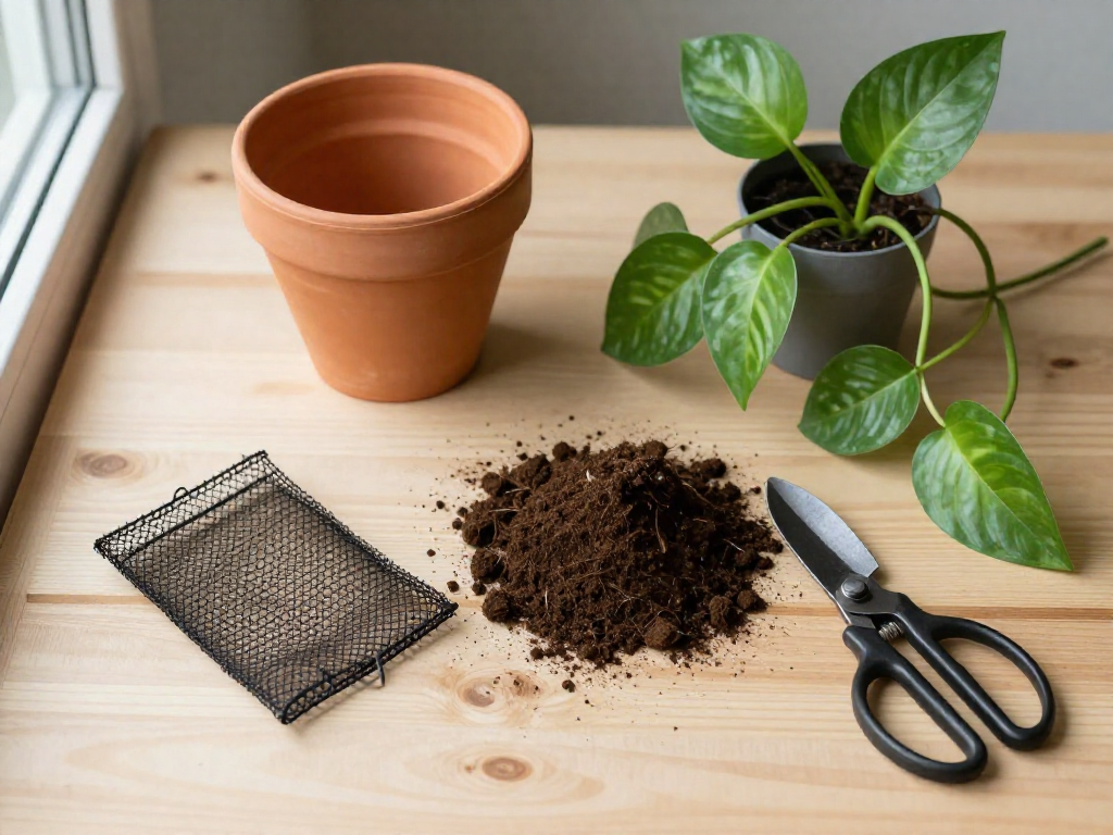 Top-down view of repotting supplies including a terracotta pot, soil, trowel, and plant.