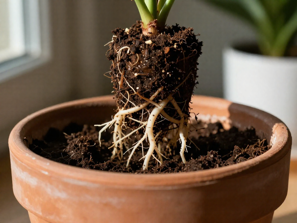 Close-up of a plant's root ball positioned at the correct depth inside a terracotta pot.