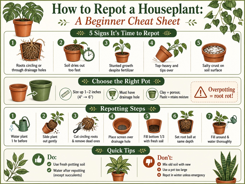 Infographic cheat sheet on repotting houseplants. Top: 5 signs it's time to repot: roots circling, fast-drying soil, stunted growth, top-heaviness, salty crust. Middle: pot selection tips, size up 1-2 inches, must have drainage, clay vs plastic, overpotting warning. Steps: water beforehand, remove plant, trim roots, add screen, fill bottom third, set root ball at same depth, fill and water. Quick tips: use fresh soil, water after repotting; don't mix old soil, don't overpot, avoid winter repotting unless necessary.