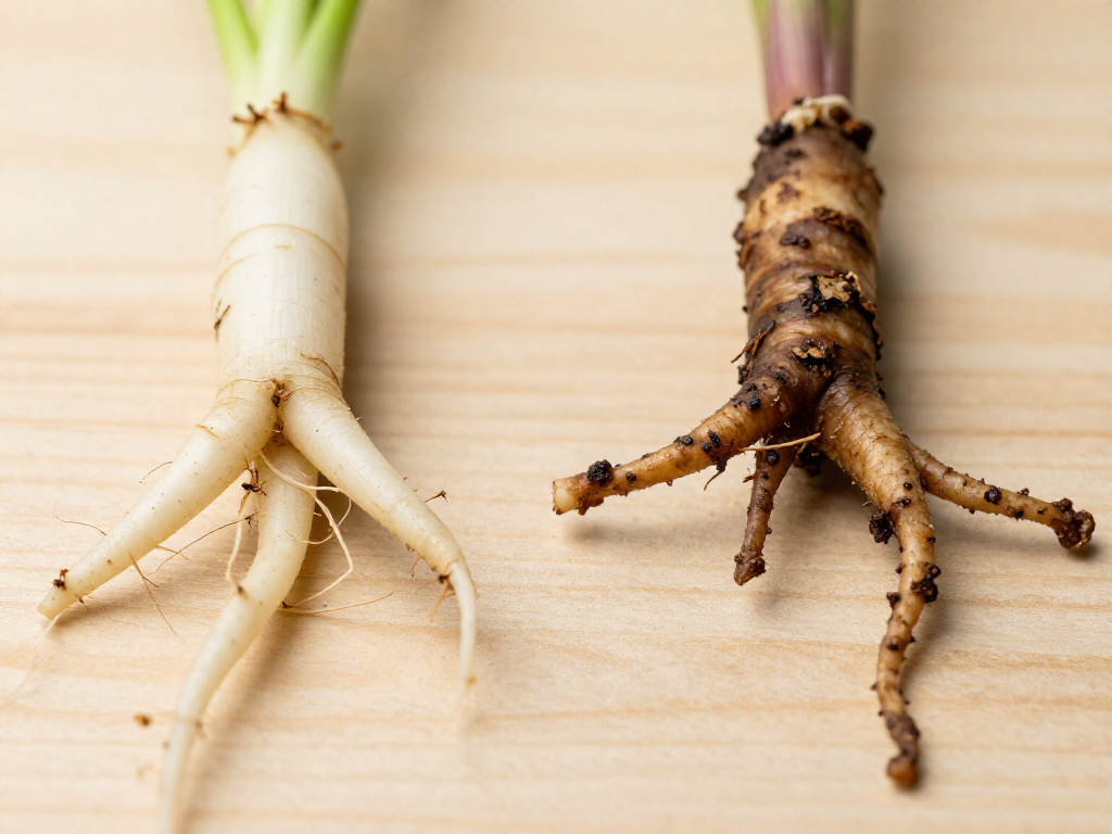 Close-up comparison of healthy white plant roots and brown, mushy roots affected by root rot.
