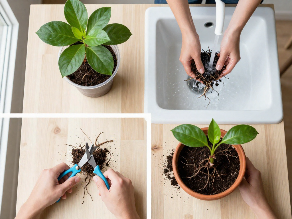 Overhead view of four steps to rescue a plant from root rot: removing from pot, rinsing roots, pruning rotted roots, and repotting in fresh soil.