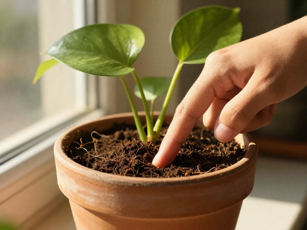 A finger checking soil moisture by inserting into the pot up to the second knuckle, with a houseplant on a windowsill.