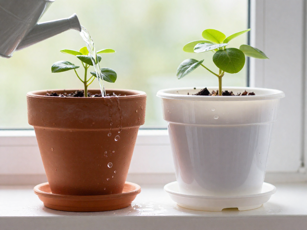 Comparison of water drainage from a terracotta pot and a plastic pot, showing the porous nature of terracotta.