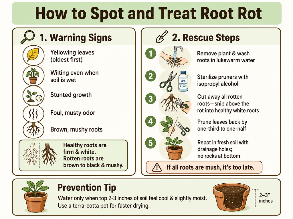 A vertical infographic titled 'How to Spot and Treat Root Rot'. The 'Warning Signs' section lists symptoms: yellowing leaves, wilting, stunted growth, foul odor, and brown mushy roots, with a callout that healthy roots are firm and white. The 'Rescue Steps' show numbered actions: remove and wash roots, sterilize shears, trim rotten roots above the rot, prune leaves back by one-third to one-half, and repot in fresh soil. A prevention tip advises watering when the top 2-3 inches of soil feel cool and slightly moist, and using a terra-cotta pot.