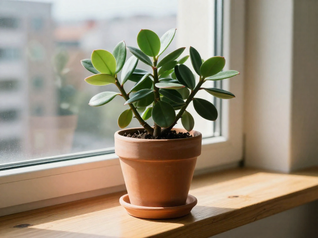 A healthy jade plant in a terracotta pot on a sunny windowsill.