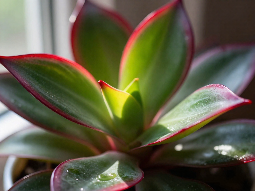 Close-up of jade plant leaves with red-tinted edges from bright light.