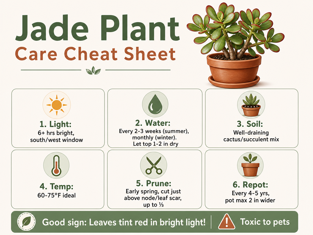 Infographic cheat sheet for jade plant care. Key points: 6+ hours bright light, water every 2-3 weeks letting top 1-2 inches dry, well-draining cactus soil, ideal temperature 60-75°F, prune in early spring above nodes up to one-third, repot every 4-5 years in a pot no more than 2 inches wider. Also notes red-tipped leaves are a good sign and the plant is toxic to pets.