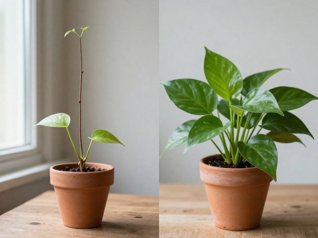 Side-by-side comparison of a leggy pothos plant with long bare stems and sparse leaves next to a healthy, bushy pothos with full foliage after pruning and regrowth.
