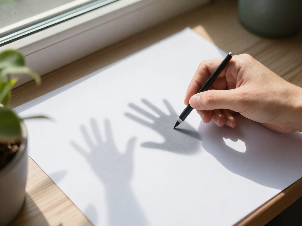 A hand held above a white paper on a windowsill casting both a sharp dark shadow and a faint blurred shadow, demonstrating the shadow test for light intensity.