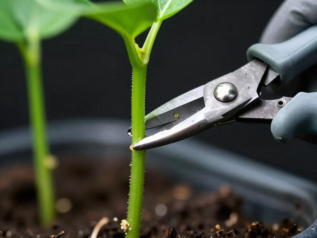 Close-up of pruning shears cutting a plant stem just below a node, with a gloved hand holding the stem, illustrating proper propagation technique.
