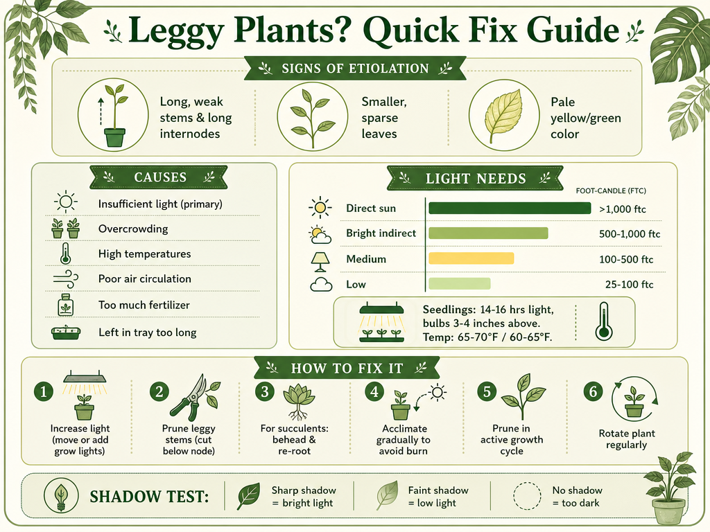 Infographic titled 'Leggy Plants? Quick Fix Guide' with sections on signs of etiolation (long weak stems, sparse leaves, pale color), causes (insufficient light, overcrowding, high temperatures, poor air circulation, too much fertilizer), light needs (foot-candle ranges: direct sun >1000 ftc, bright indirect 500-1000 ftc, medium 100-500 ftc, low 25-100 ftc; seedling requirements: 14-16 hours light, bulbs 3-4 inches above, temperature 65-70°F/60-65°F), how to fix (increase light, prune below node, behead succulents, acclimate gradually, prune in growth cycle, rotate plant), and a shadow test tip (sharp shadow = bright light).