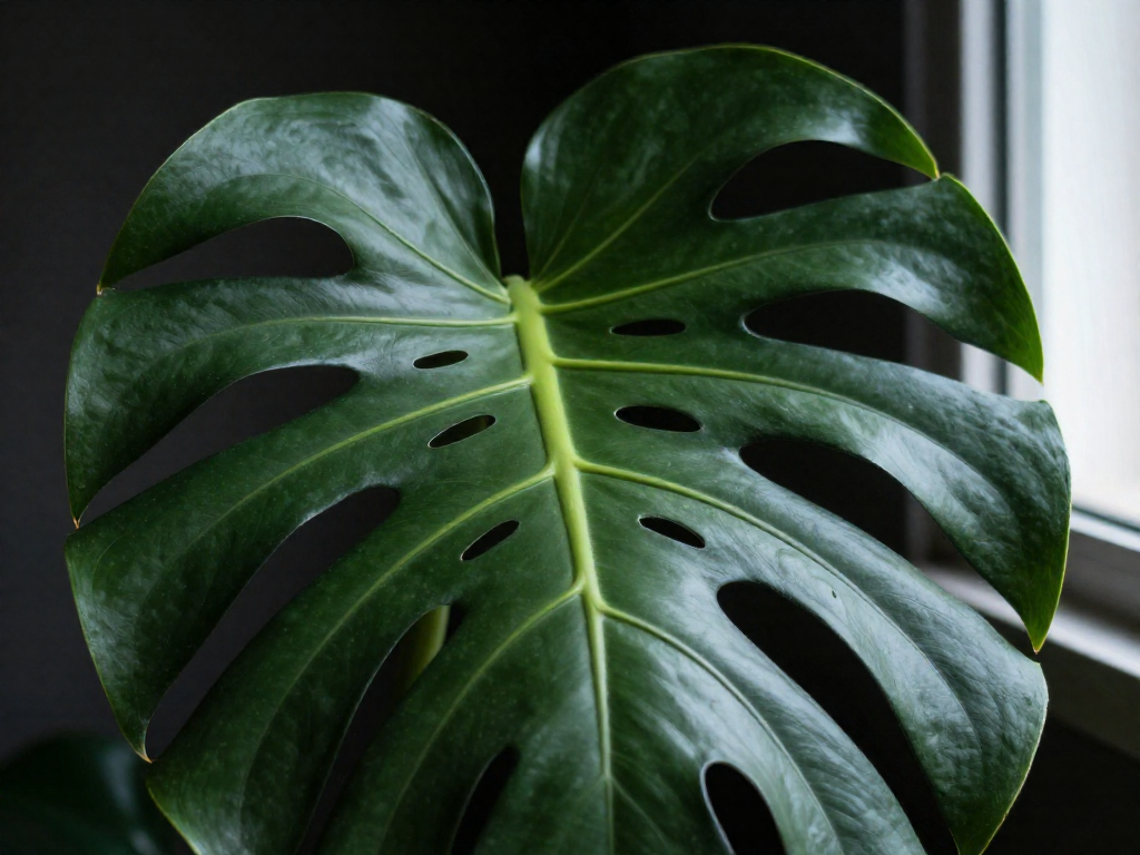Close-up of a dark green Monstera leaf with large oval holes and deep side slits.