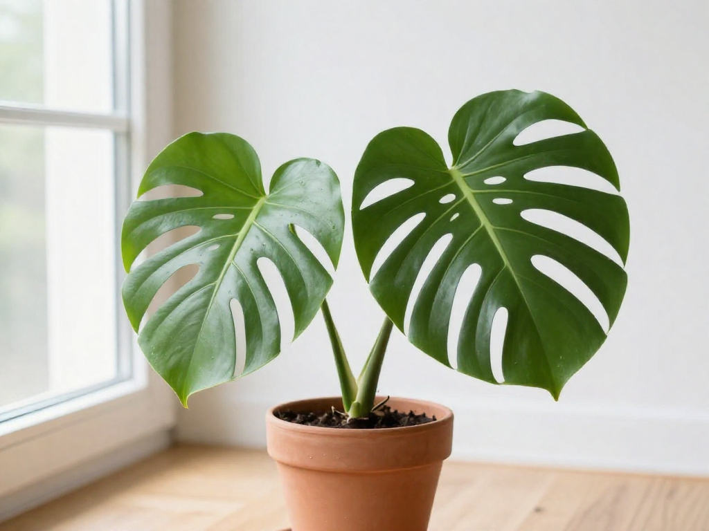 A potted Monstera plant with a young heart-shaped leaf next to a mature leaf with splits and holes.