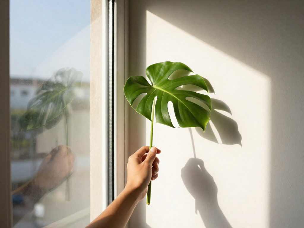 A hand holding a leaf casts a sharp shadow from direct sunlight and a soft shadow from diffused light.