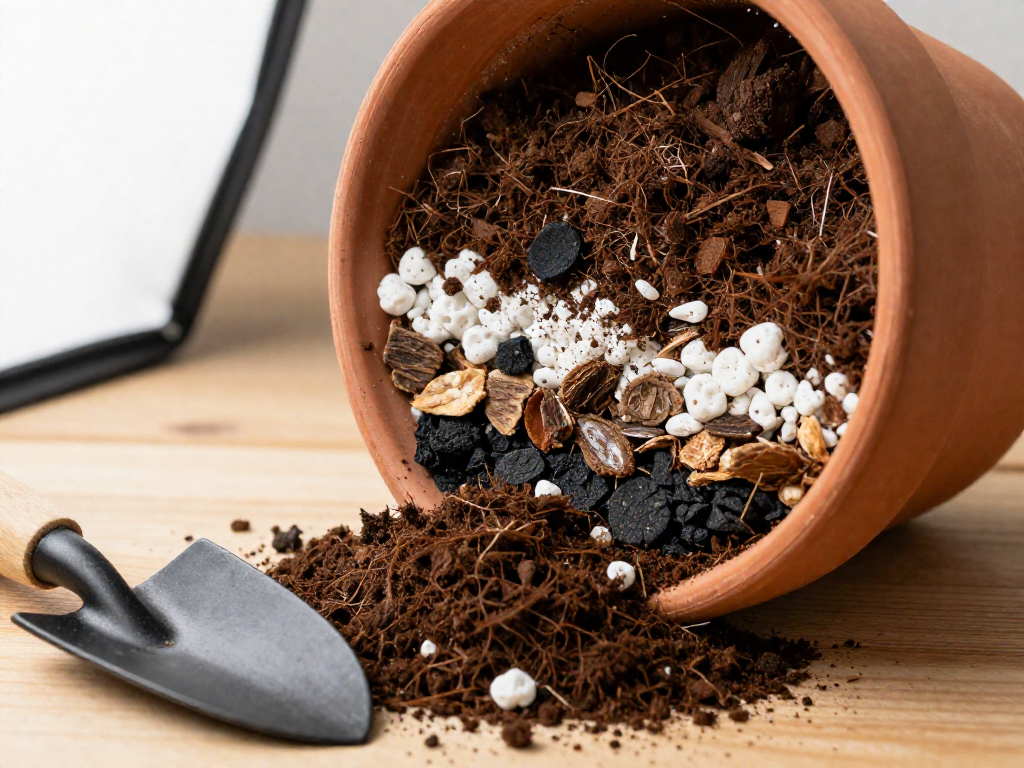 Top view of a terracotta pot filled with a soil mix containing white perlite, bark, and charcoal pieces.