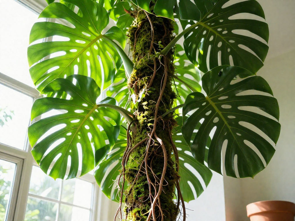 A Monstera plant with split leaves climbs a moss pole, with aerial roots wrapping around it.