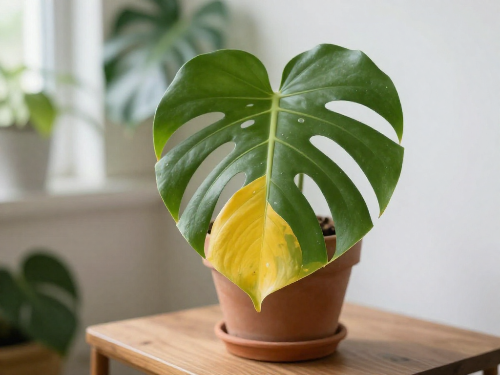 A close-up of a potted houseplant with one lower yellow leaf naturally shedding while the rest of the plant remains green and healthy.