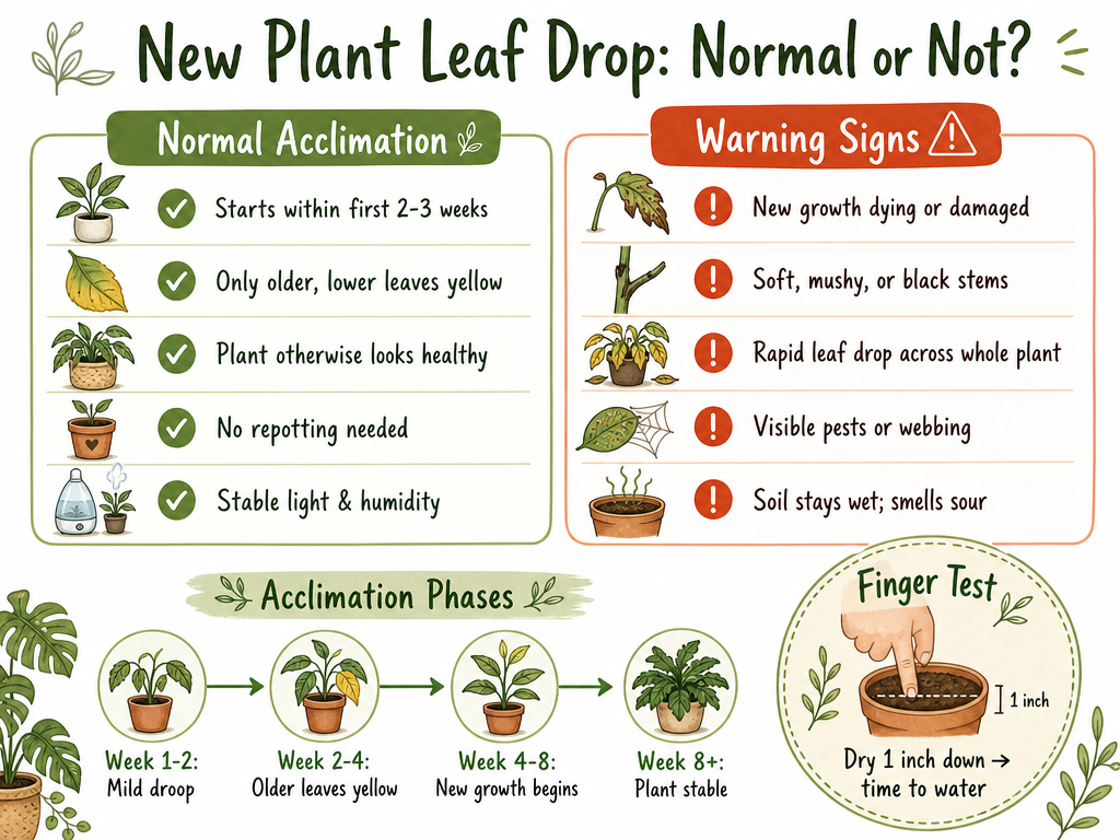 Infographic comparing normal leaf drop acclimation signs (older leaves yellowing, 2-3 weeks, plant otherwise healthy) with problem signs (new growth dying, soft stems, rapid drop, pests). Includes acclimation phase timeline and finger test for soil moisture.