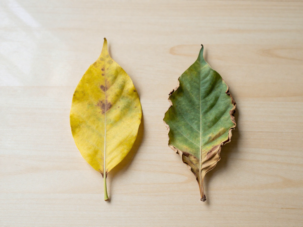 Two leaves side by side on a wooden surface: one yellow and spotted, one brown and crispy, showing signs of overwatering and underwatering.