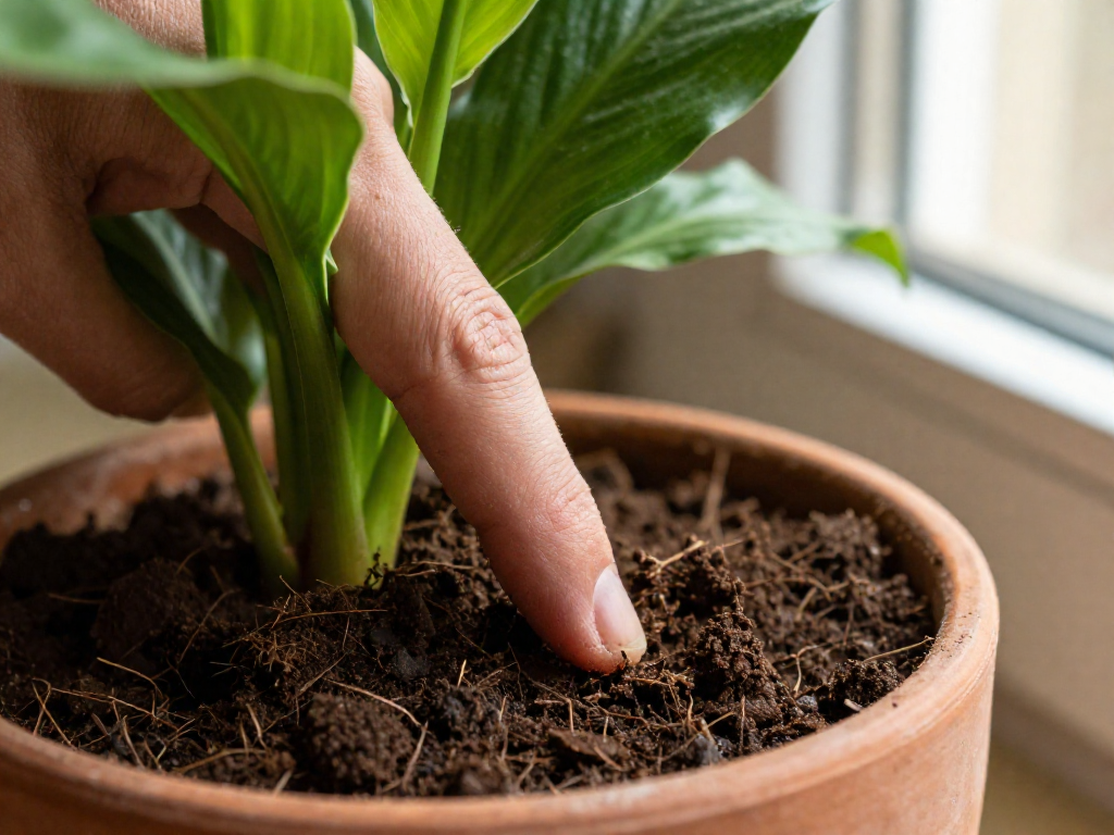 A finger inserted into moist potting soil up to the knuckle in a terracotta pot with a peace lily plant, checking soil moisture.