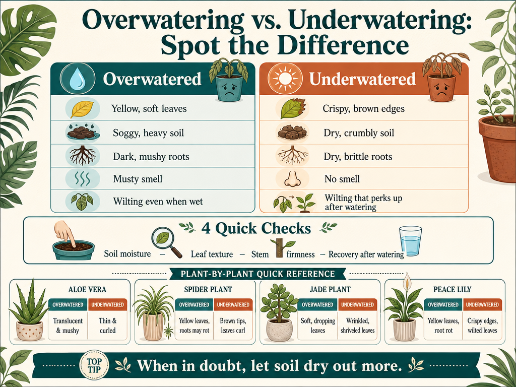 Infographic comparing overwatered and underwatered houseplant symptoms. Overwatered signs: yellow soft leaves, soggy soil, dark mushy roots, musty smell, wilting despite wet soil. Underwatered signs: crispy brown edges, dry crumbly soil, dry brittle roots, no smell, reversible wilting. Also includes 4 quick checks (soil, leaf texture, stem firmness, recovery after watering), plant-specific examples for aloe, spider plant, jade, and peace lily, and the tip 'When in doubt, let soil dry out more.'