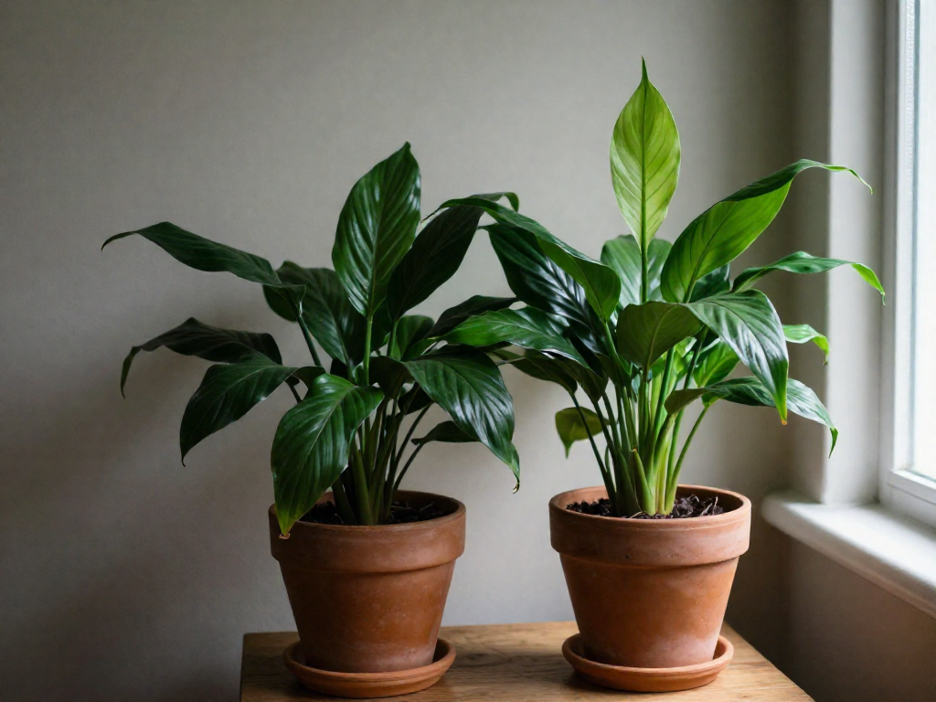 Side-by-side comparison of a drooping peace lily in a terracotta pot on the left and a healthy, upright peace lily on the right, on a wooden table.