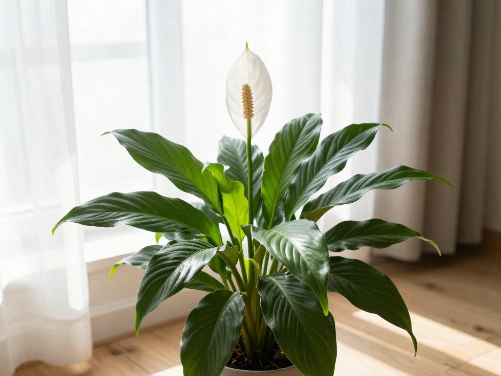 A healthy peace lily with a white bloom sits on the floor beside an east-facing window with sheer curtains, bathed in soft morning light.