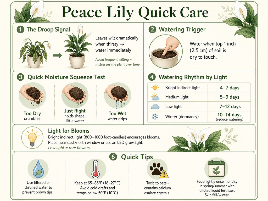 Infographic titled 'Peace Lily Quick Care' showing watering guide: water when top inch of soil is dry, use moisture squeeze test, watering frequency by light level (4-12 days), light for blooms (800-1000 foot-candles), and tips like use filtered water, 65-85°F, toxic to pets, feed lightly monthly.