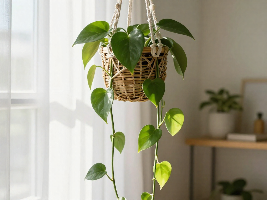 Heartleaf philodendron with long green vines trailing from a hanging basket near a bright window.