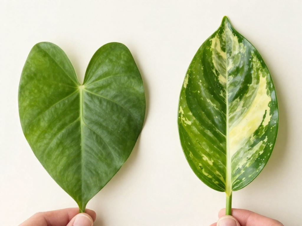 Close-up of two leaves: a heartleaf philodendron leaf and a pothos leaf, showing their different shapes and textures.