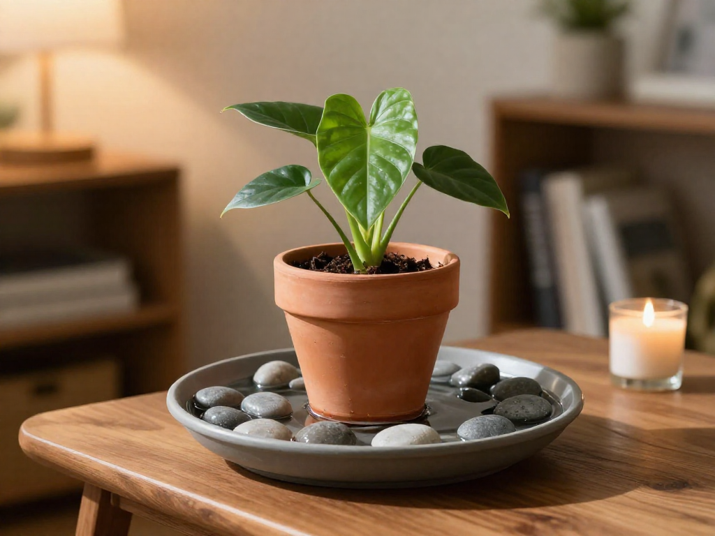 A potted heartleaf philodendron sitting on a pebble tray with water to increase humidity.