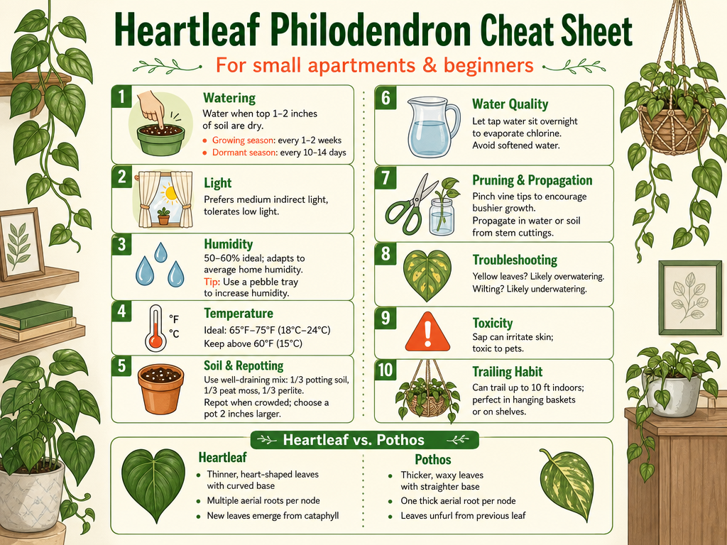An illustrated quick-care infographic for heartleaf philodendron covering watering, light, humidity, temperature, soil, repotting, water quality, pruning, propagation, troubleshooting, toxicity, trailing habit, and a comparison with pothos, designed for apartment dwellers and beginners.
