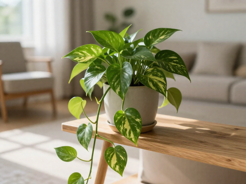 A full, healthy golden pothos plant with trailing vines cascading from a wooden shelf in a bright, cozy apartment living room.