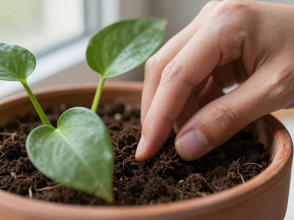 A person's finger testing soil moisture in a pothos plant pot, with green leaves in the background.